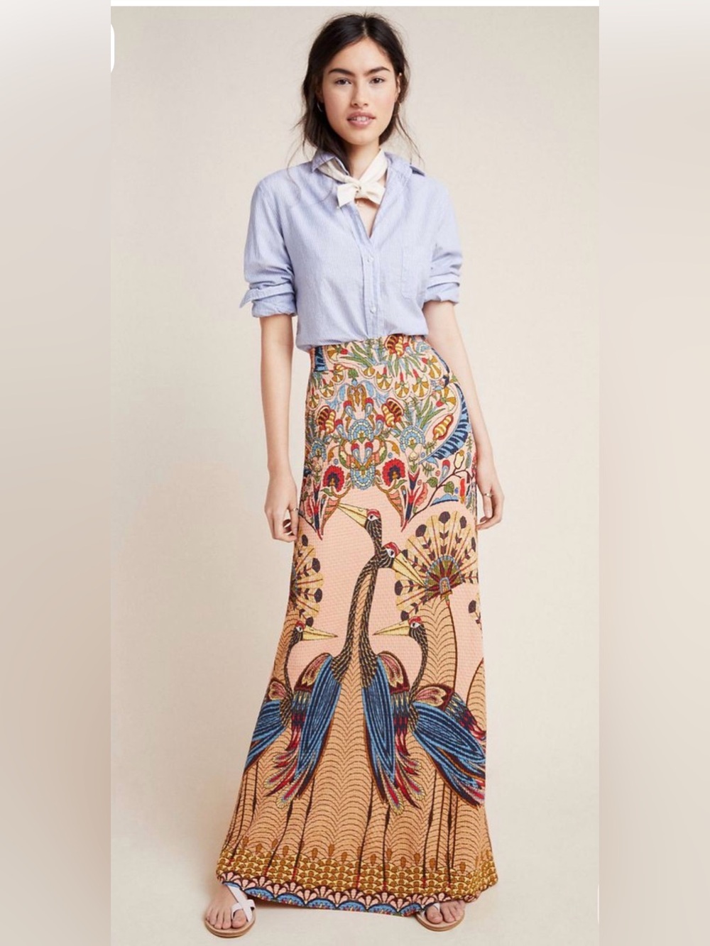 Anthropologie Peach Maxi Skirt with Blue & Red Peacock Print - Picture 1 of 14